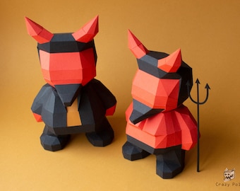 2 in 1 DIY Papercraft Lucifer figure, Devil&#39;s in suit pdf template, Halloween decoration, Red devil statue, Demon with a trident