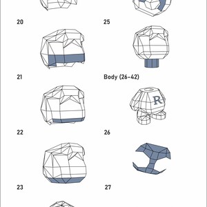 Op de afbeelding: Een set van 10 zwart-witte lijntekeningen van een 3D-model van een menselijk lichaam. De tekeningen tonen verschillende hoeken van het lichaam, waarbij de lichaamsdelen met nummers zijn gelabeld. Het lichaam is gelabeld met "Lichaam (26-42)".
