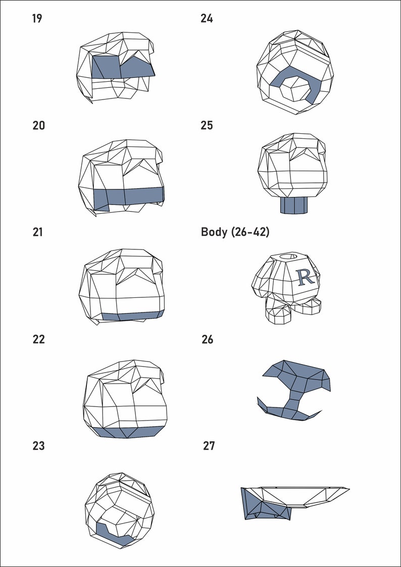 Op de afbeelding: Een set van 10 zwart-witte lijntekeningen van een 3D-model van een menselijk lichaam. De tekeningen tonen verschillende hoeken van het lichaam, waarbij de lichaamsdelen met nummers zijn gelabeld. Het lichaam is gelabeld met "Lichaam (26-42)".