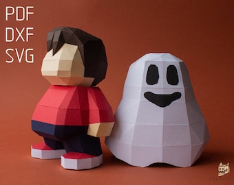 May include: A papercraft model of a boy wearing a red shirt and blue pants standing next to a white ghost with a black smiling face.  The models are made of paper and are designed to be assembled.