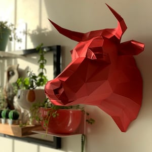 Testa trofeo toro Papercraft fai da te, modello toro DXF SVG 3d, decorazione da parete fatta a mano in poli basso, scultura di carta origami, kit puzzle 3D
