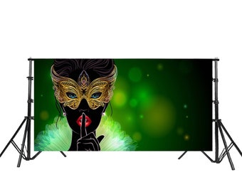 Masquerade Mask Backdrop Green Background Printed Fabric Photography Backdrops for Birthday Theme Party Decorations Photo Booth JHGB87