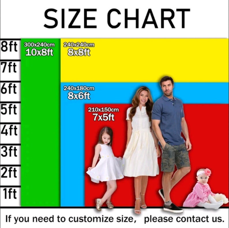 May include: A size chart with measurements in feet and inches, and centimeters. The chart includes a green, yellow, blue, and red background with the text "SIZE CHART". The chart shows the size of the background in feet and inches, and centimeters. The text "If you need to customize size, please contact us."