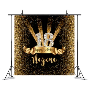18th Birthday Backdrop,Personalized Birthday Banner,Birthday Party Decor Backdrop,Photo Booth,Black Gold Vinyl Backdrop,Any Age Or Name