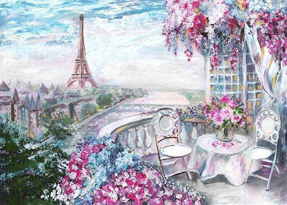 European City Oil Painting Pink Flowers Backdrops Paris Eiffel Tower Building Photography Backgrounds for Wedding Photo Booth Props