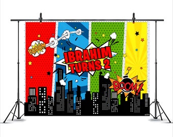Superhero Birthday Backdrop: Comic Book Cityscape Party Decor