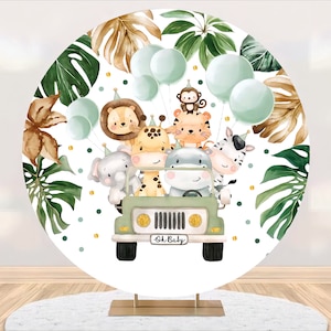 Safari Animals Round Backdrop: Tropical Greenery, Baby Shower Decor