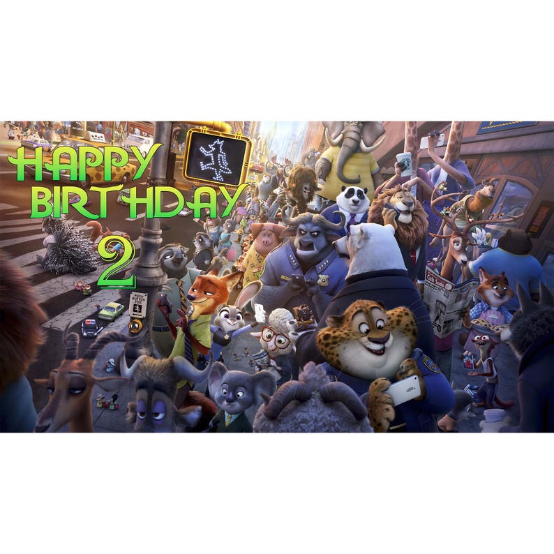 May include: A vibrant scene from the animated movie Zootopia, featuring a crowd of anthropomorphic animals. The image includes the text "HAPPY BIRTHDAY 2" in green. Characters include a fox, rabbit, and cheetah.