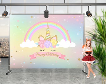 Unicorn Backdrop,Rainbow Theme Baby shower Photo Backdrop,Holy Communion Backdrop,Baby Birthday Background,Golden Unicorn Backdrop