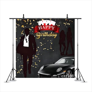 Verjaardag achtergrond, achtergrond Las Vegas, casino thema verjaardagsfeestje, James Bond thema 007, foto achtergrond mannen verjaardag, casinokaarten, sportwagen