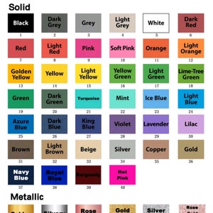 May include: A color chart with a variety of solid and metallic colors, each labeled with a name and number. The chart includes shades like black, red, pink, and gold, with the title "Color Chart" at the top.
