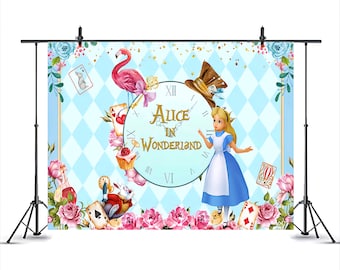Alice In Wonderland Birthday Background Blue Poker Rabbit Clock Flamingo Key Flowers Backdrop Girl Baby Shower Backdrop