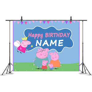Roze varken verjaardagsfeestje achtergrond, cartoon thema achtergrond voor kinderfotografie, babyshower decor, klaslokaaldecoratie, aangepaste achtergrond