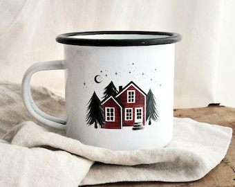 Enamel mug Swedish house, Sweden mug for Christmas, camper mug, vanlife