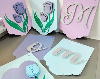 Mother's Day Party Banner. We Love Mom Light Blue Purple Tulips Party Bunting. Pastel Floral Party Banner Party Flags. Photo Backdrop