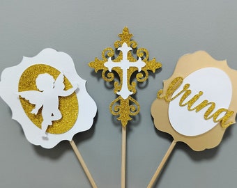 Color Choice. Heaven Sent Little Angel Baby Baptism Cross Cupcake Toppers Set. Custom Name First Communion Christening Party Decor