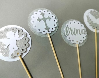 Personalized Little Angel Silver White Baby Baptism Cross Party Decors. Gender Neutral First Holy Communion Cupcake Toppers. Christening