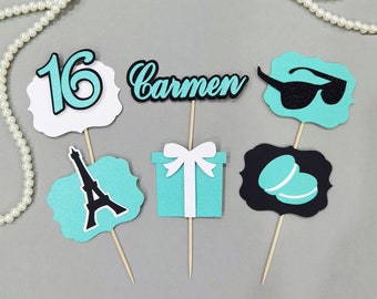 12 pcs. Sweet 16 Breakfast At Tiffany Robin Egg Blue Cupcake Toppers Dessert Toppers. Personalized Baby & Co Party Decor. Paris Theme Decor