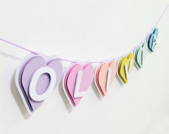 Pastel Rainbow 3D Sweet Hearts Nursery Wall Decor Wall Hanging.  Personalized Girls Baby Shower Party Bunting Party Banner Party Garlands