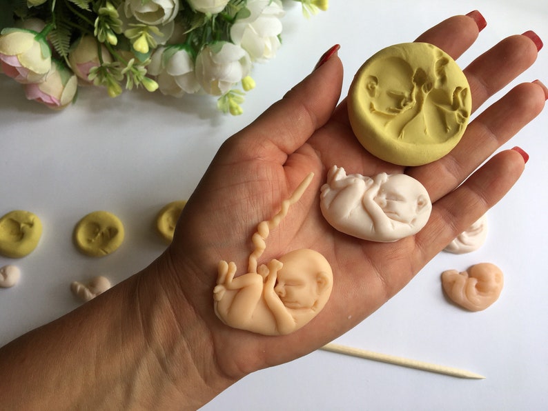 May include: A collection of handmade fetal sculptures in various stages of development. The sculptures are in shades of peach and white, with a yellow mold. The image is set against a white background, with a few white and pink flowers in the background.