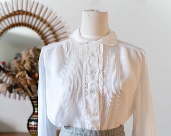Vintage 1940s - 1950's viscose blouse * Long sleeves white shirt peter pan collar * Size M