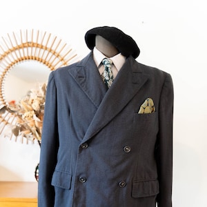 1930 30s French Double Breasted 2x4 Buttons Jacket, Blue 