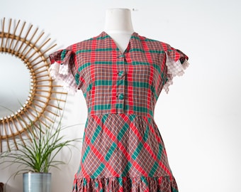 Vintage 1930's 30s Style Handmade Dress * red and Green Plaid Cotton * Size M