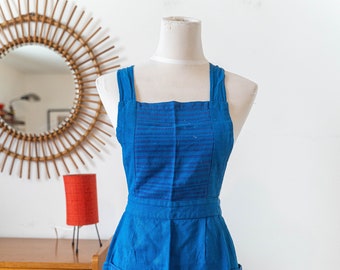 Vintage 1950s 50s kitchen apron, blue cotton