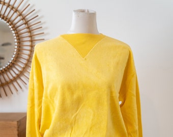 1960s 60s women sportswear sweater, Yellow terry cloth * Size L