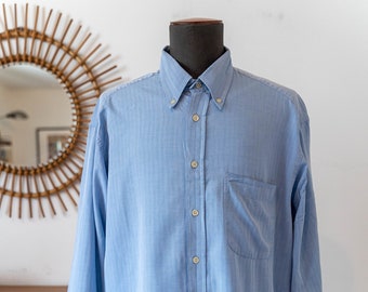 1950s men workwear shirt, Blue heringbone cotton * Size L
