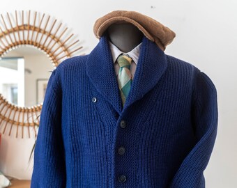 1930s 1940s Handmade cardigan long sleeve, blue wool pockets shawl collar, Taille L