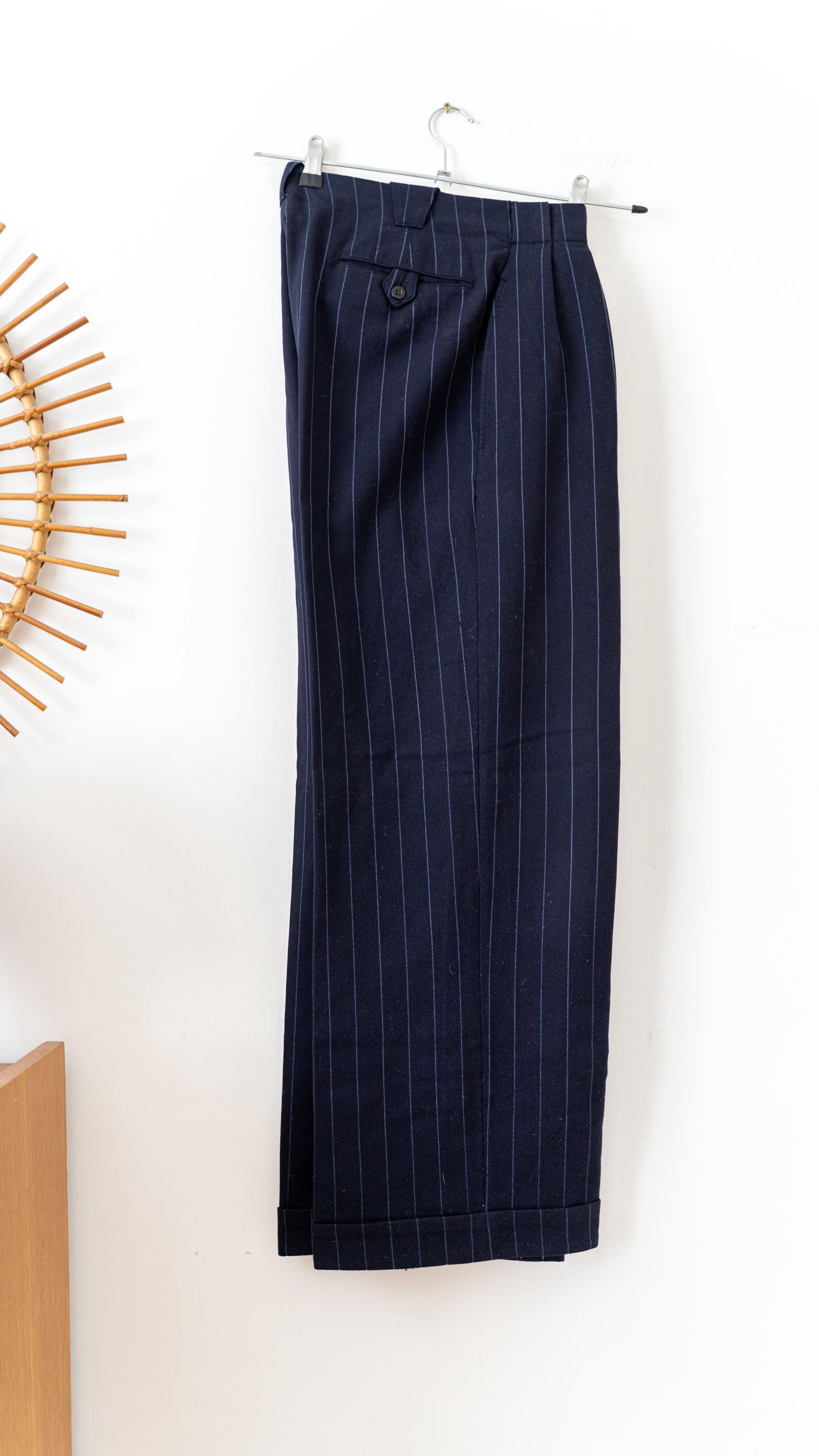 Vintage 1940s French Trousers, Double Pleated Navy Striped Wool