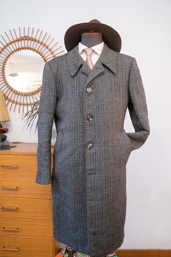 vintage 50s 1950s French Overcoat, Grey Tartan woo