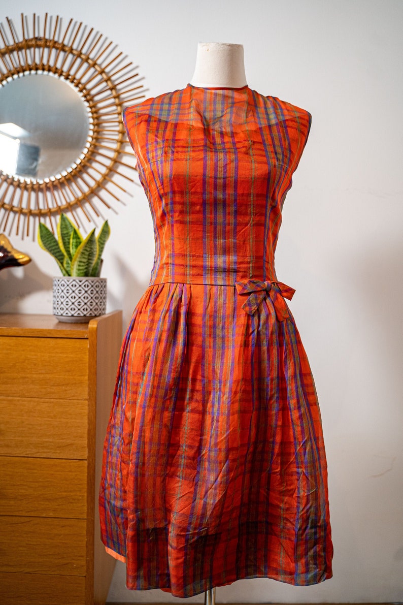 Vintage 1960s Dress orange checkered dress sleeveless dress Size M image 1