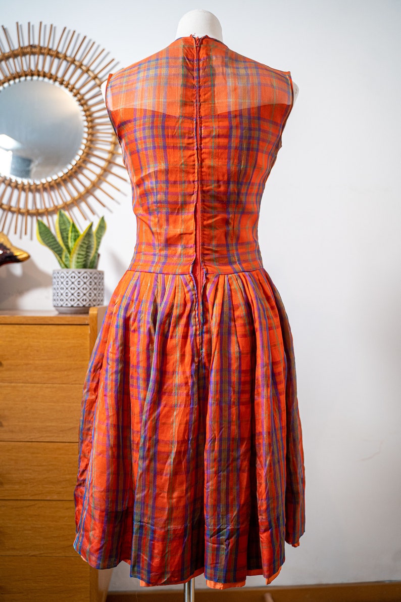 Vintage 1960s Dress orange checkered dress sleeveless dress Size M image 4