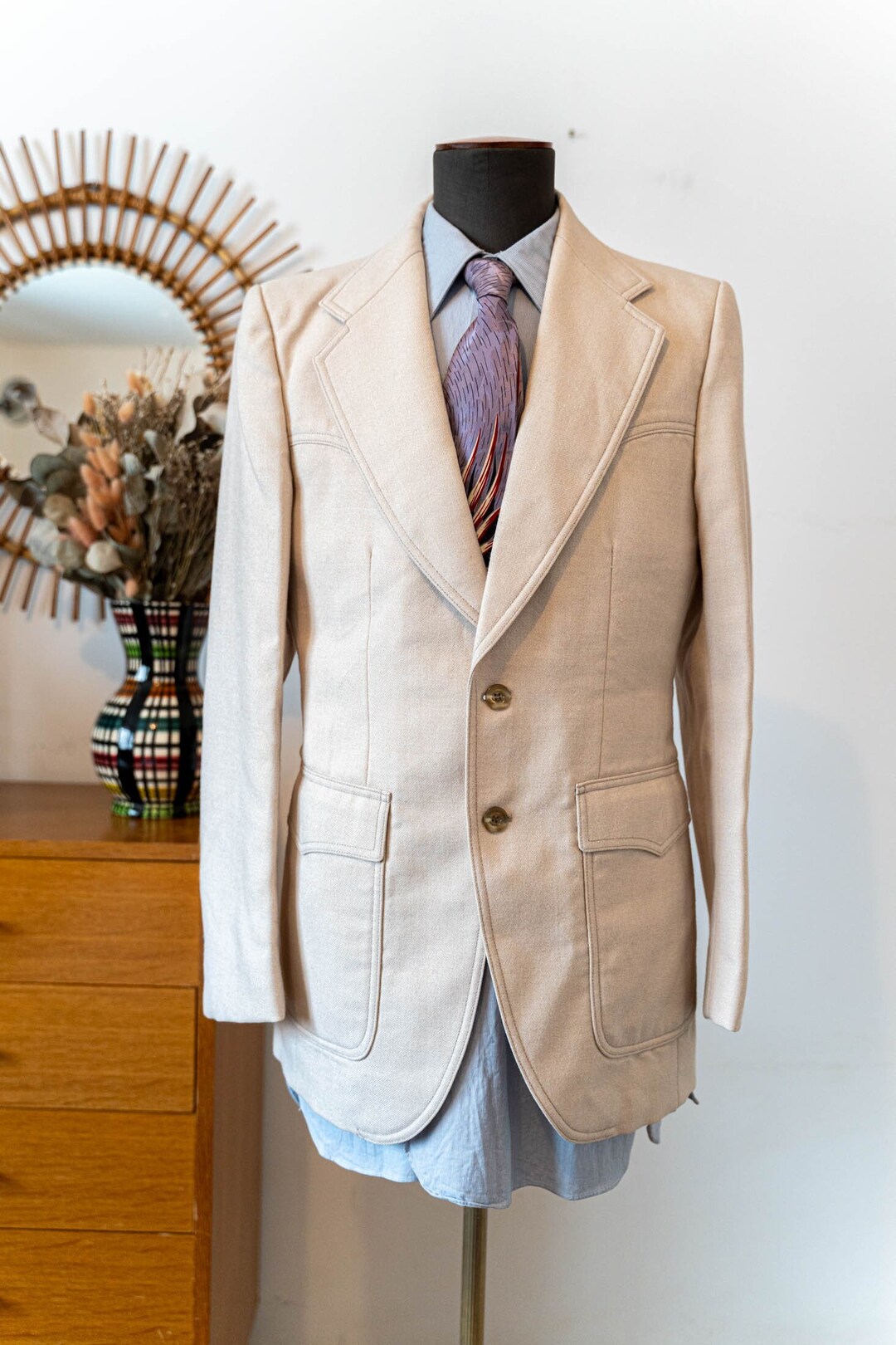 60s 70s Does 1930s Belted Back Sport Coat, White Poly and