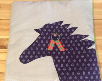 Pillow with horse head ladybug navy - 35 x 35 cm - mini dots grey - piping may green - zipper