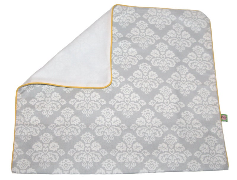 Cushion cover "Baroque - Damask" grey - 35 x 40 cm - Piqué white - Yellow piping - Envelope closure - Cushion cover