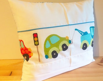 Pillowcase "Tow Truck" - 35 x 40 cm - colorful cars - Vichy check turquoise - piping turquoise - hotel closure