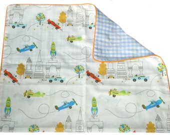 Pillow case "Monsieurs en Ville" - 35 x 40 cm - Vichy Karo bleu - Piping orange - Hotel clasp - Cars