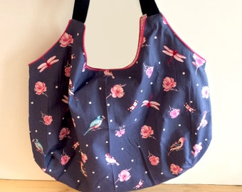 Tote bag bird dragonfly rose - blue pink - Vichy plaid pink