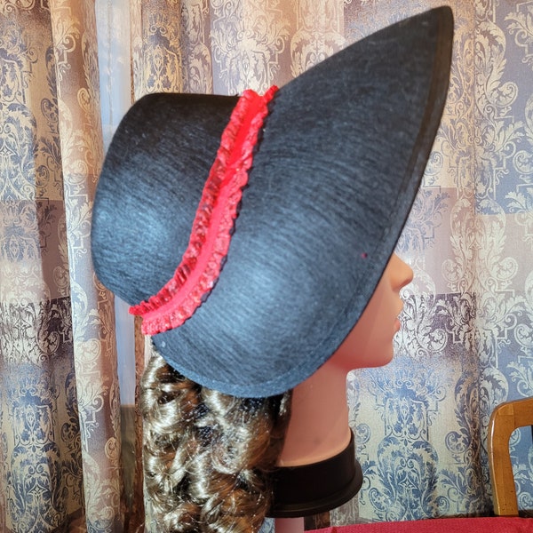 Black Felt Bonnet with Red Ruffled Trim