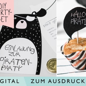 May include: Printable DIY party set with a black and white bear illustration and the text "Einladung zur Piraten-Party" (Invitation to the Pirate Party). The set also includes a black speech bubble with the text "Hallo Pirat!" (Hello Pirate!).