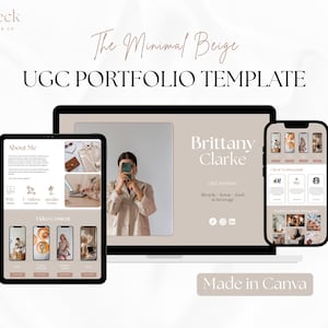 May include: A digital UGC portfolio template displayed on a laptop, tablet, and smartphone. The design features a minimalist beige color scheme with the text "The Minimal Beige UGC PORTFOLIO TEMPLATE" and "Made in Canva".