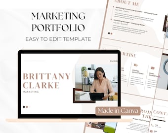 May include: A laptop displays a marketing portfolio template with the text "MARKETING PORTFOLIO EASY TO EDIT TEMPLATE". The screen shows a woman working on a tablet. The template includes sections for "About Me" and "Expertise".