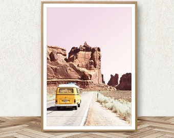 Desert Print Arizona Desert Wall Art Mountain Print Retro Van Wall Art Road Trip VW Camper Poster Boho Art Nursery Wall Art Pink Printable