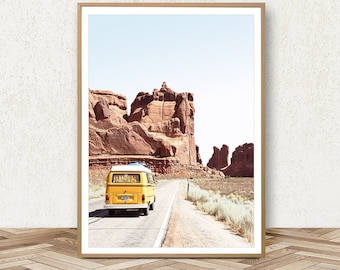 Retro Van Wall Art, Road Trip Print, Yellow Car, Explore Print, Vw Camper Van, Arizona Desert, Car Poster, Boho Art, Nursery Wall Art Decor
