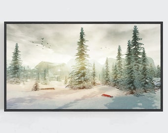 May include: A framed winter landscape painting depicts a snow-covered forest with tall evergreen trees. A red sled rests in the snow. The sky is overcast with a few birds in flight, and mountains are visible in the distance.