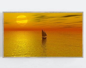 Samsung Frame TV Art, Landscape Wall Art, Frame TV Art, Ocean Wall Art Photo Coastal Wall Decor, Beach Sunset Frame TV Art, Boat Art for Tv