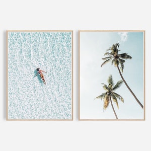 Aerial Beach Print, Set of 2 Beach Photography, Palm Print Summer Poster, Ocean Wall Art,Woman Swimming,  Turquoise Water,Tropical Waves Art
